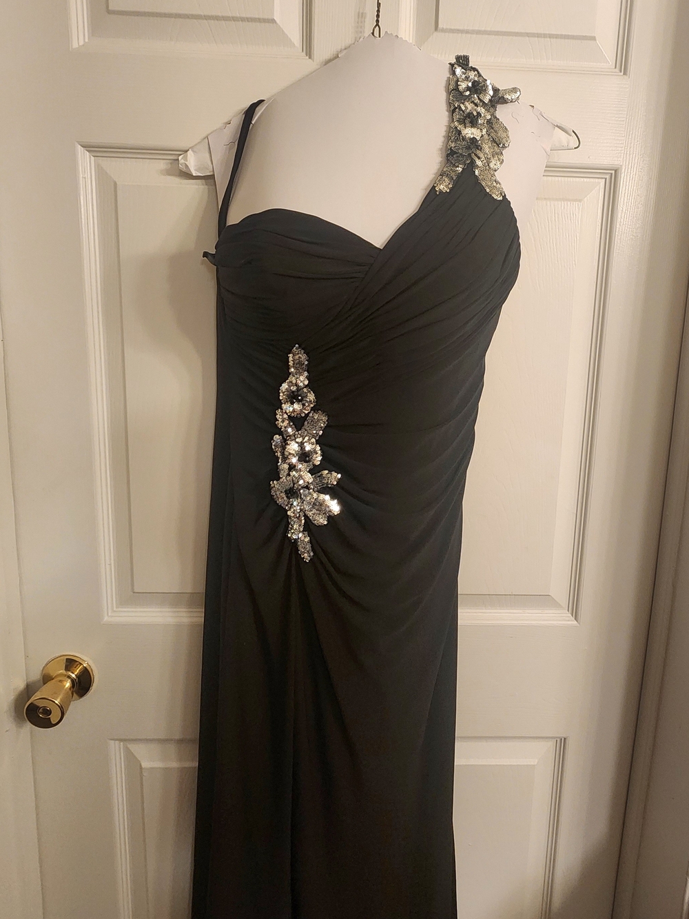 Betsy & Adam Black One-Shoulder Gown with Silver Sequince